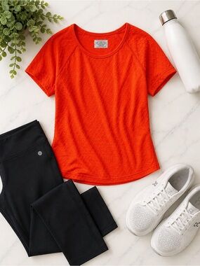 Athleta Orange Honeycomb Textured Workout Top Short Sleeve Stretch Tee M